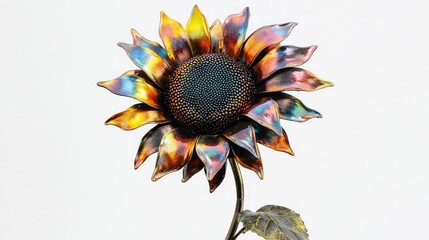 Aufkleber - A unique sunflower with a reflective, multicolored metallic finish, standing against a bright white background.