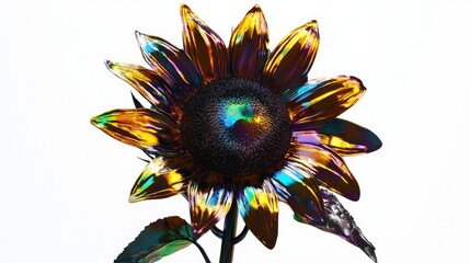Aufkleber - A unique sunflower with a reflective, multicolored metallic finish, standing against a bright white background.
