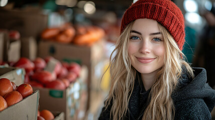 Stylish woman wearing a bright red hat and casual attire exuding confidence and charm while enjoying a day outdoors