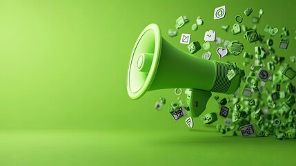 Poster - A vibrant marketing concept with a floating green megaphone emitting social media symbols.