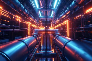 Wall Mural - Futuristic gas power plant featuring glowing neon pipelines in a modern industrial setting. Generative AI