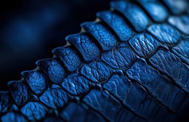 Poster - Close-up of Intricate Blue Textures of Animal Skin Showcasing Scales and Patterns Set Against a Mysterious Dark Background for Nature Enthusiasts