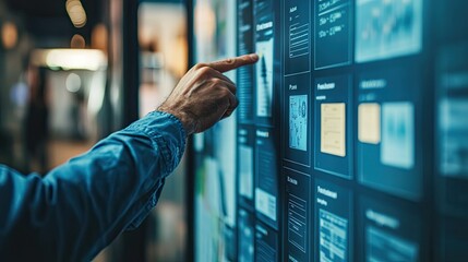 Poster - AI-driven workflow concept with an employee pointing at a digital task management board, optimizing efficiency.