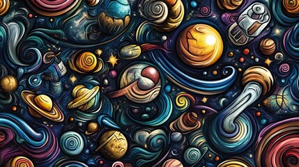 Poster - Colorful Abstract Cosmic Scene with Planets and Swirling Patterns