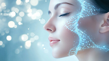 Poster - Close-up of a woman's face featuring a glowing blue star at the center representing creativity and inspiration