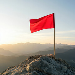 Wall Mural - red flag waving on top of mountain during sunset, symbolizing adventure and exploration. vibrant color contrasts beautifully with serene landscape