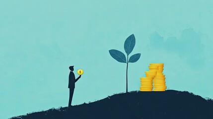 Poster - Businessman stacking gold coins beside a growing seedling, symbolizing investment growth and financial independence.