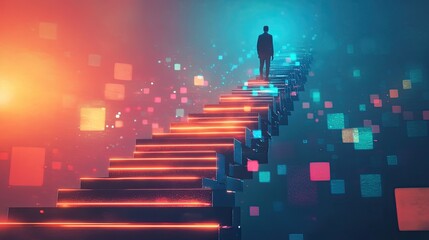 Poster - Career growth concept with a person climbing a staircase made of glowing bars, leading to success.