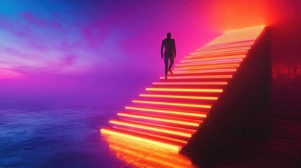 Poster - Career growth concept with a person climbing a staircase made of glowing bars, leading to success.
