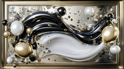 Poster - Abstract Art with Elegant Swirls and Decorative Spheres in Metallic Tones