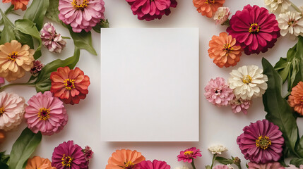 Aufkleber - A simple white paper tastefully framed by a bright arrangement of colorful flowers creating a whimsical floral display