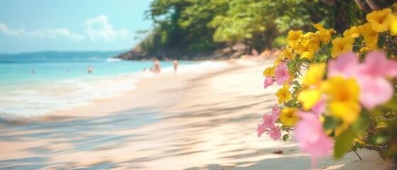 Wall Mural - Vibrant flowers bloom on the beach, contrasting with the tranquil water, while people enjoy the refreshing sea nearby.