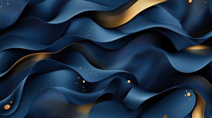 Poster - Flowing Blue Waves with Golden Highlights in Abstract Design