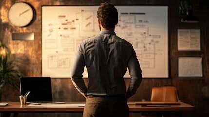 Poster - Employee standing in front of a flowchart, explaining company strategy to colleagues in a dynamic presentation.