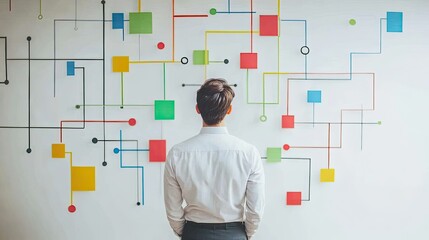 Poster - Employee standing in front of a flowchart, explaining company strategy to colleagues in a dynamic presentation.