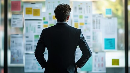 Poster - Employee standing in front of a flowchart, explaining company strategy to colleagues in a dynamic presentation.