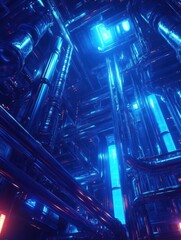Leinwandbilder - Futuristic gas power plant with glowing neon pipelines illuminated in a vibrant energy. Generative AI