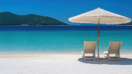 Wall Mural - Two chairs and a large umbrella are set up on a sandy beach, creating a perfect spot for relaxation and enjoyment under the sun.