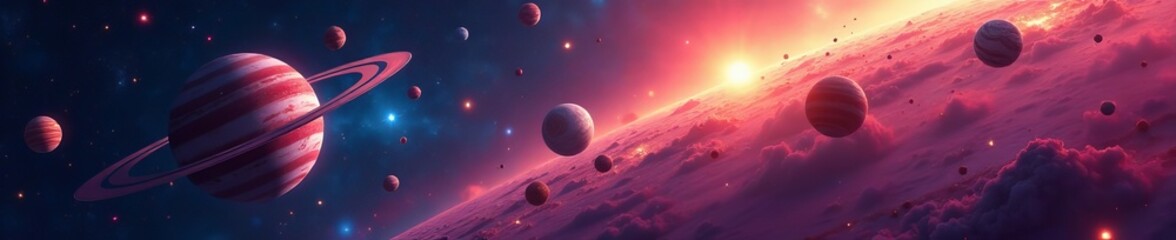 colorful planets and space debris orbiting a bright star, colorful, outer space, orbit