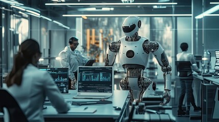 Poster - Futuristic office setting where employees work alongside AI-powered robotic assistants, optimizing workflow.