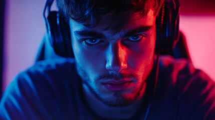 Poster - Young man gamer intense focus red blue neon light portrait male cool dark style night gaming player