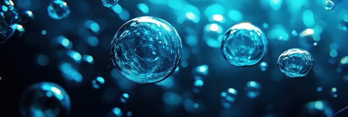 Aufkleber - Glowing gas bubbles float gracefully in the deep blue ocean depths under soft light. Generative AI