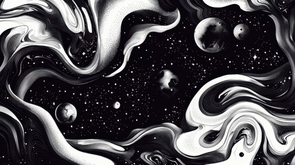 Wall Mural - Abstract Black and White Cosmic Swirl with Planets in Space