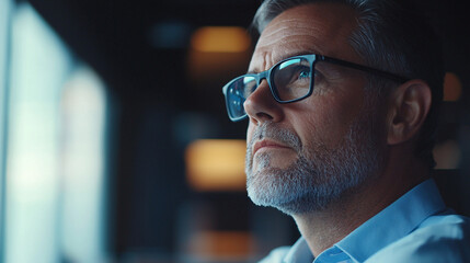 Poster - Thoughtful mature man in glasses contemplating future plans business face male gray hair adult beard