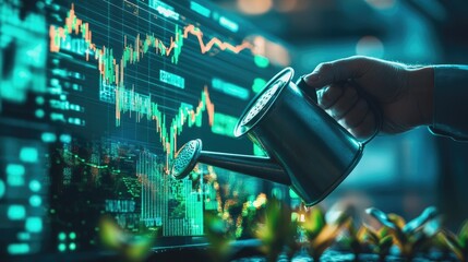 Poster - Investor holding a watering can over a digital investment dashboard, illustrating portfolio growth and financial planning.
