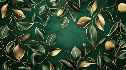 Aufkleber - Luxurious green summer wallpaper with golden metallic decorative patterns, ideal for modern interior design.