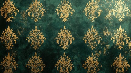Aufkleber - Luxurious green summer wallpaper with golden metallic decorative patterns, ideal for modern interior design.