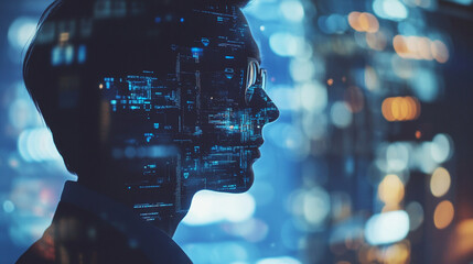 abstract digital portrait of a person with city lights background overlay code data blue dark night
