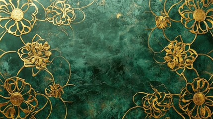 Aufkleber - Luxurious green summer wallpaper with golden metallic decorative patterns, ideal for modern interior design.