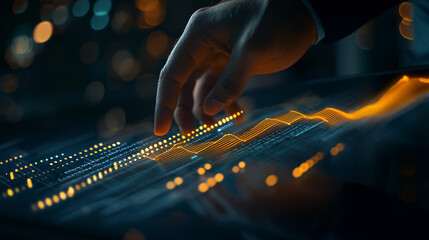 Poster - Closeup hand interacting with glowing digital data graph orange technology futuristic business trend