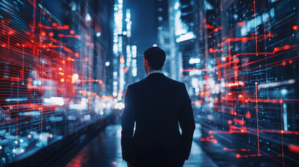 Poster - Businessman walking through futuristic city digital technology background red data code blue neon
