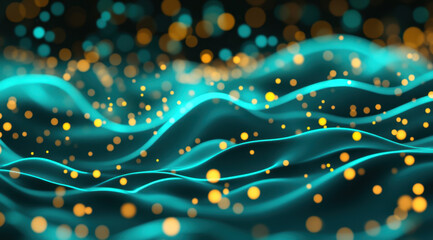 Wall Mural - abstract digital background with turquoise waves and golden bokeh lights creating mesmerizing effect