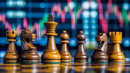 Poster - Strategic business chess game with stock market background risk goal move board brown chart pieces