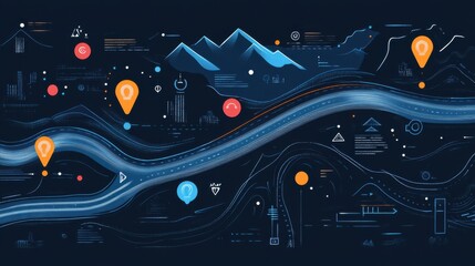 Poster - Abstract Map Illustration with Geolocation Icons and Mountains