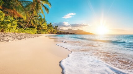 Wall Mural - Aerial view showcasing a serene beach adorned with palm trees under a clear blue sky, highlighting the tranquility of coastal landscapes.