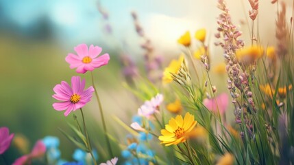 Canvas Print - A vibrant array of flowers is set against lush green grass, featuring shades of yellow and pink, creating a picturesque natural scene.