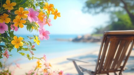 Wall Mural - A solitary chair rests on a sandy beach, facing the water, inviting relaxation and reflection in a tranquil seaside setting.