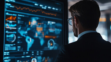 Poster - Businessman analyzing global data on a large screen display showing important financial market trends