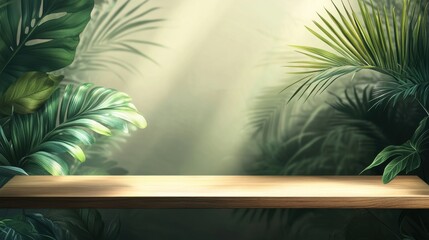 Poster - Lush Green Jungle Background with Wooden Shelf for Display Purposes