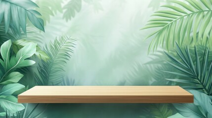 Poster - Wooden Shelf Surrounded by Lush Green Tropical Foliage Background