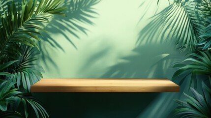 Poster - Green Background with Wooden Shelf Surrounded by Tropical Leaves