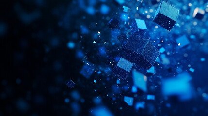 Poster - Abstract blue cubes digital particles technology background image 3d data dark dots space light