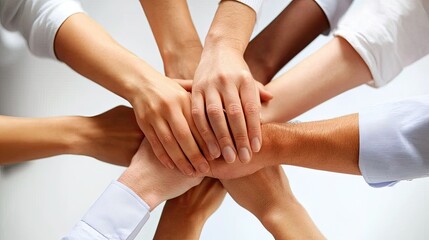 Poster - Teamwork motivation concept with a group of colleagues stacking their hands together in unity.