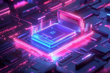Fototapete - Futuristic Neon Circuit Board Design with Glowing Processor in High-Tech Environment