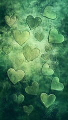 Poster - Green textured background displaying scattered heart shapes of varying sizes