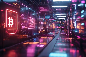 Aufkleber - Futuristic Digital Corridor With Bitcoin Symbols and Neon Lights in Cyber Environment